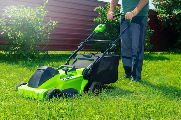 mowing grass man using lawn mower him backyard summer sunny day 106035 4024